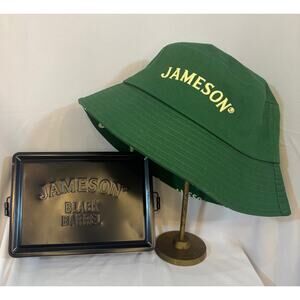 Lot of Jameson bucket hat and hip flask with funnel set in metal tin